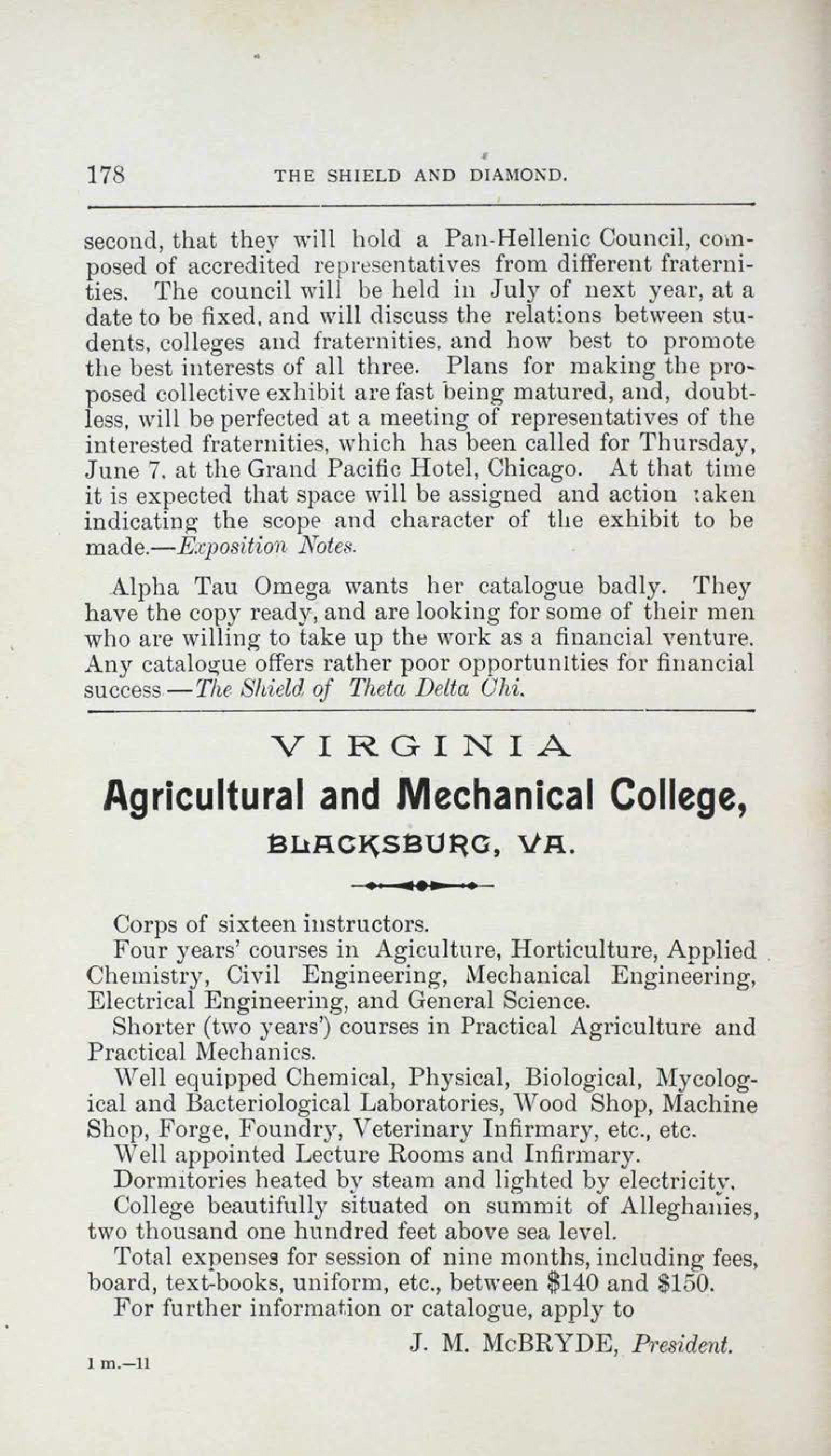 Virginia Agricultural And Mechanical College, Blacksburg, VA Advertisement, July 1892